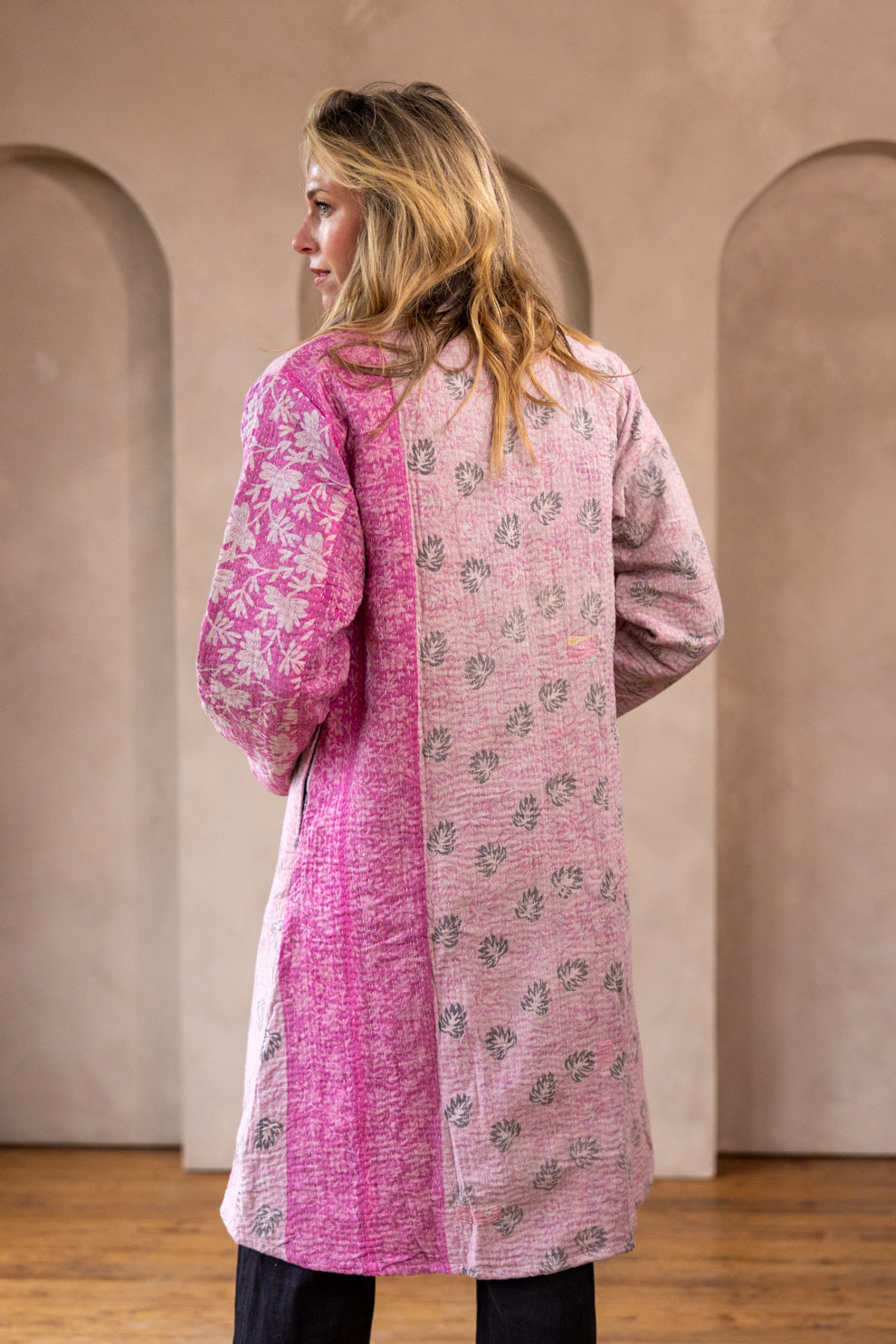 Hira Kimono- Vintage Kantha Coat - Pink - XL
