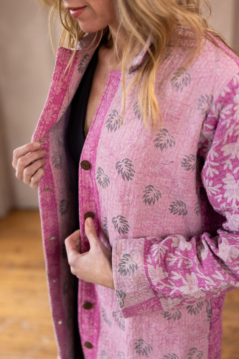 Hira Kimono- Vintage Kantha Coat - Pink - XL