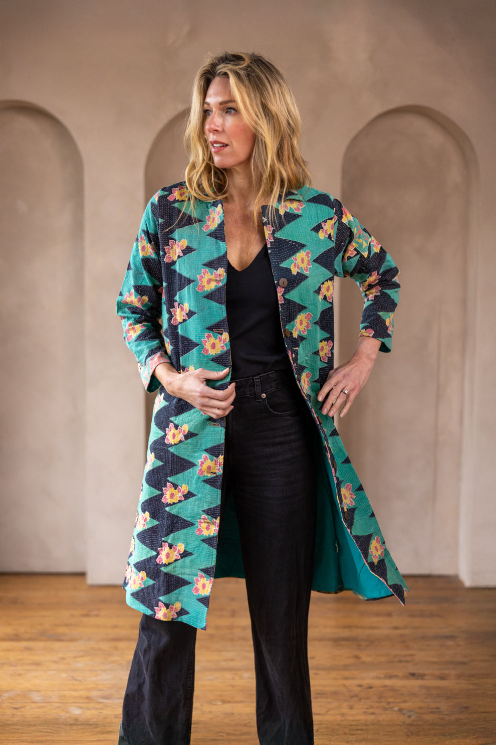 Hira Kimono- Vintage Kantha Coat - Seafoam - S