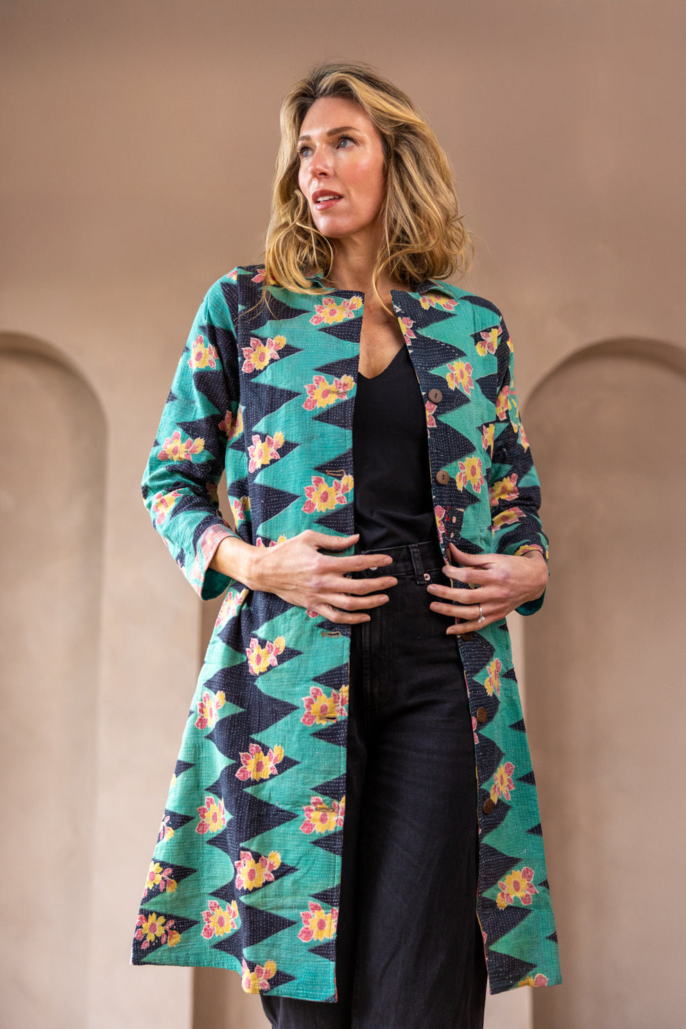 Hira Kimono- Vintage Kantha Coat - Seafoam - S