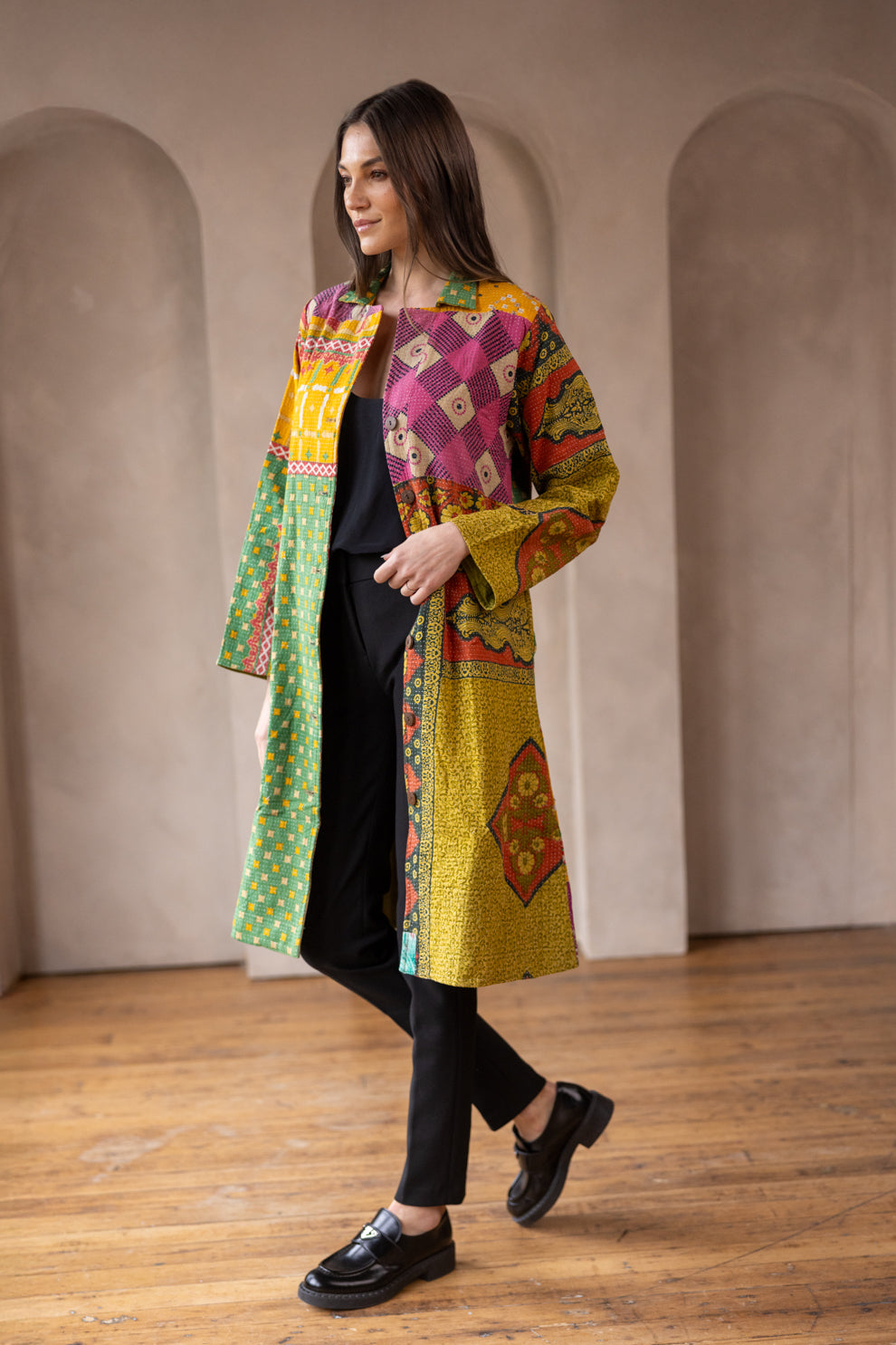 Hira Kimono- Vintage Kantha Coat - Green & Yellow - M
