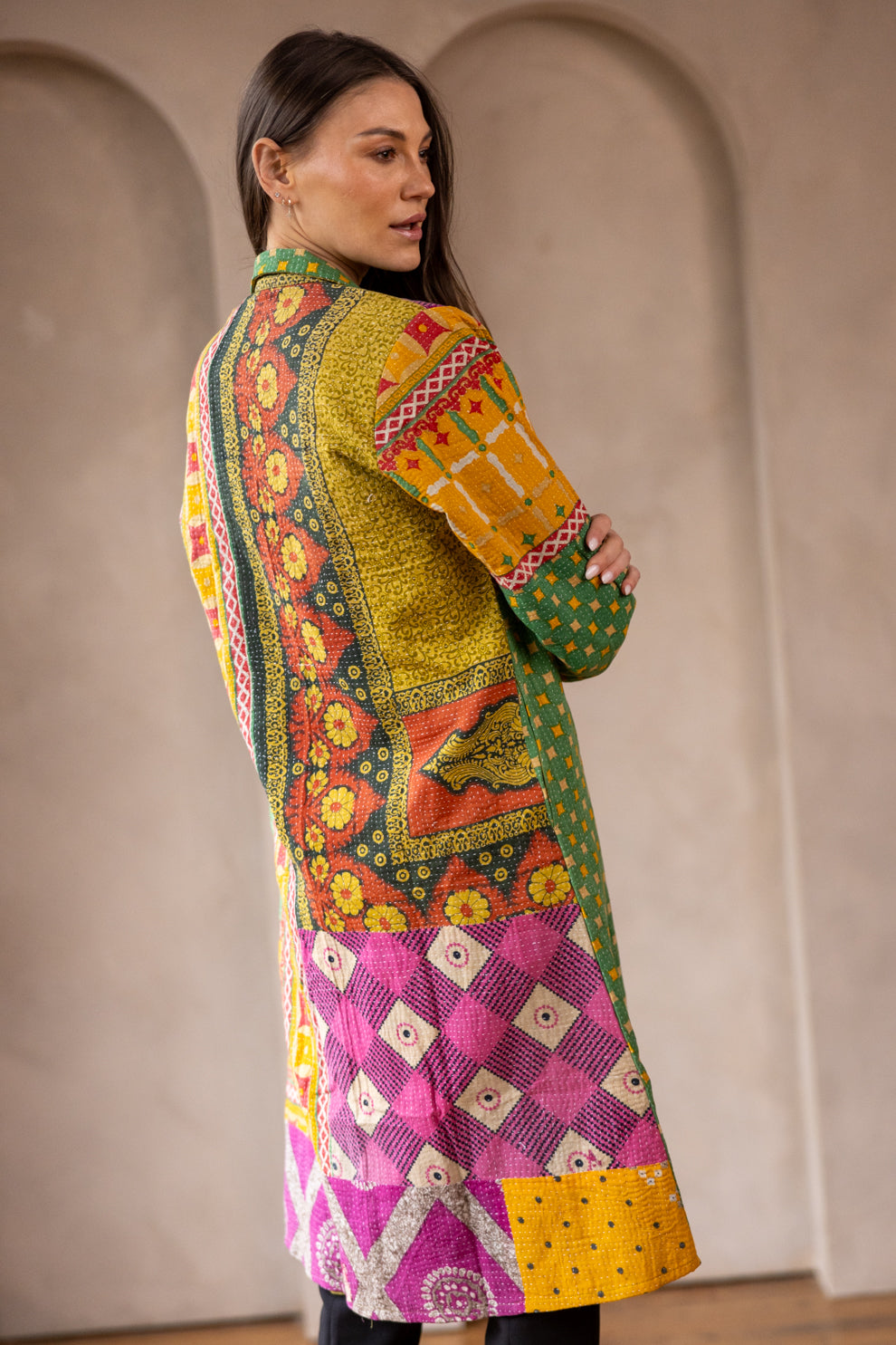 Hira Kimono- Vintage Kantha Coat - Green & Yellow - M