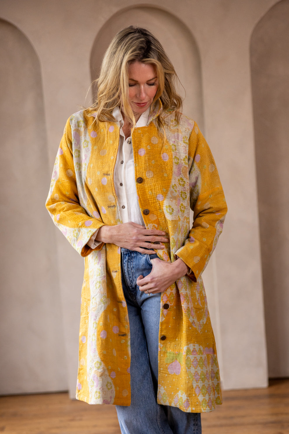 Hira Kimono- Vintage Kantha Coat - Yellow - L