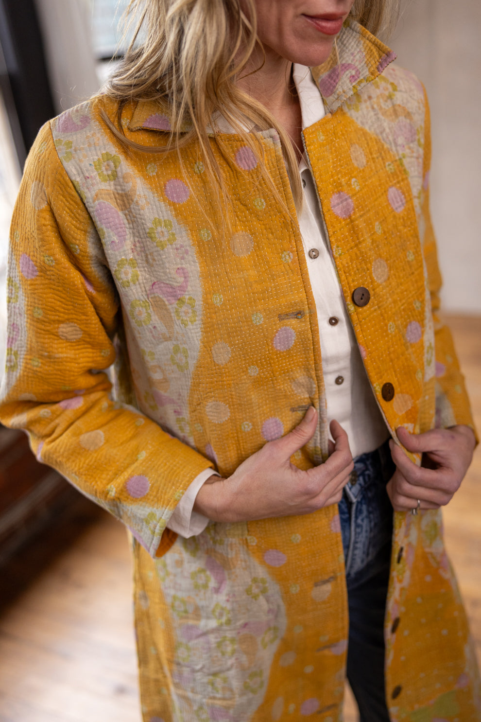 Hira Kimono- Vintage Kantha Coat - Yellow - L