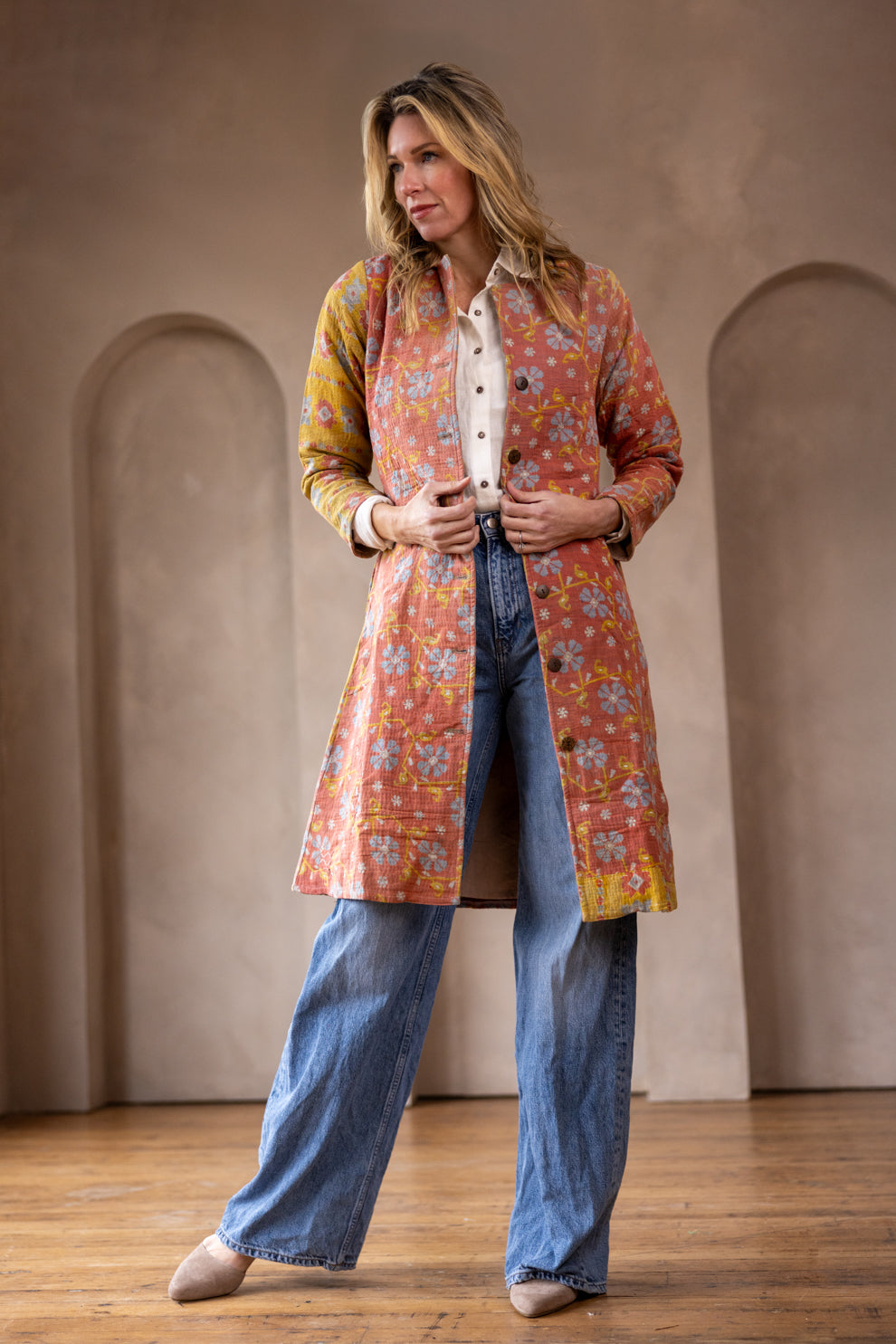 Hira Kimono- Vintage Kantha Coat - Yellow & Pink - S