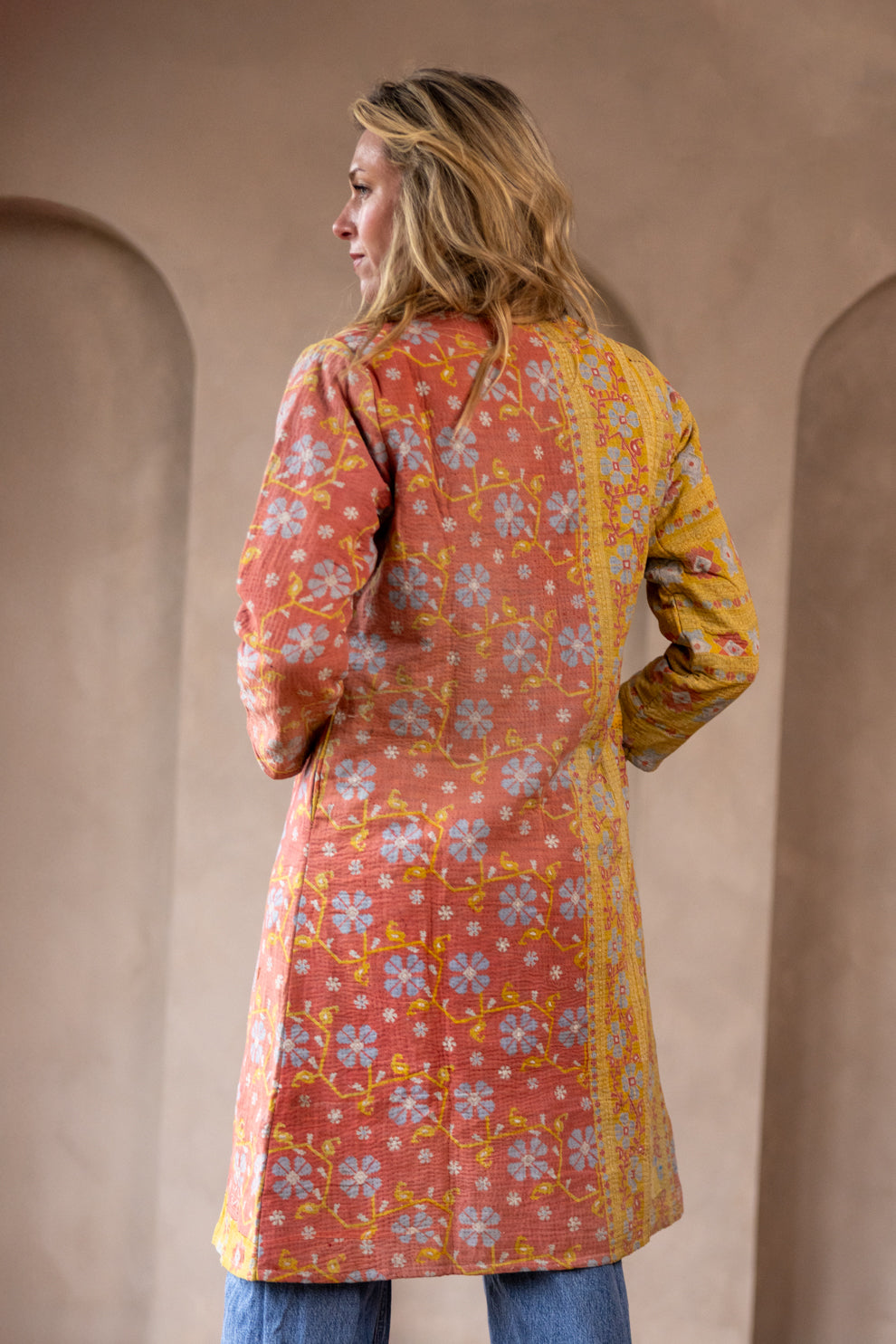 Hira Kimono- Vintage Kantha Coat - Yellow & Pink - S