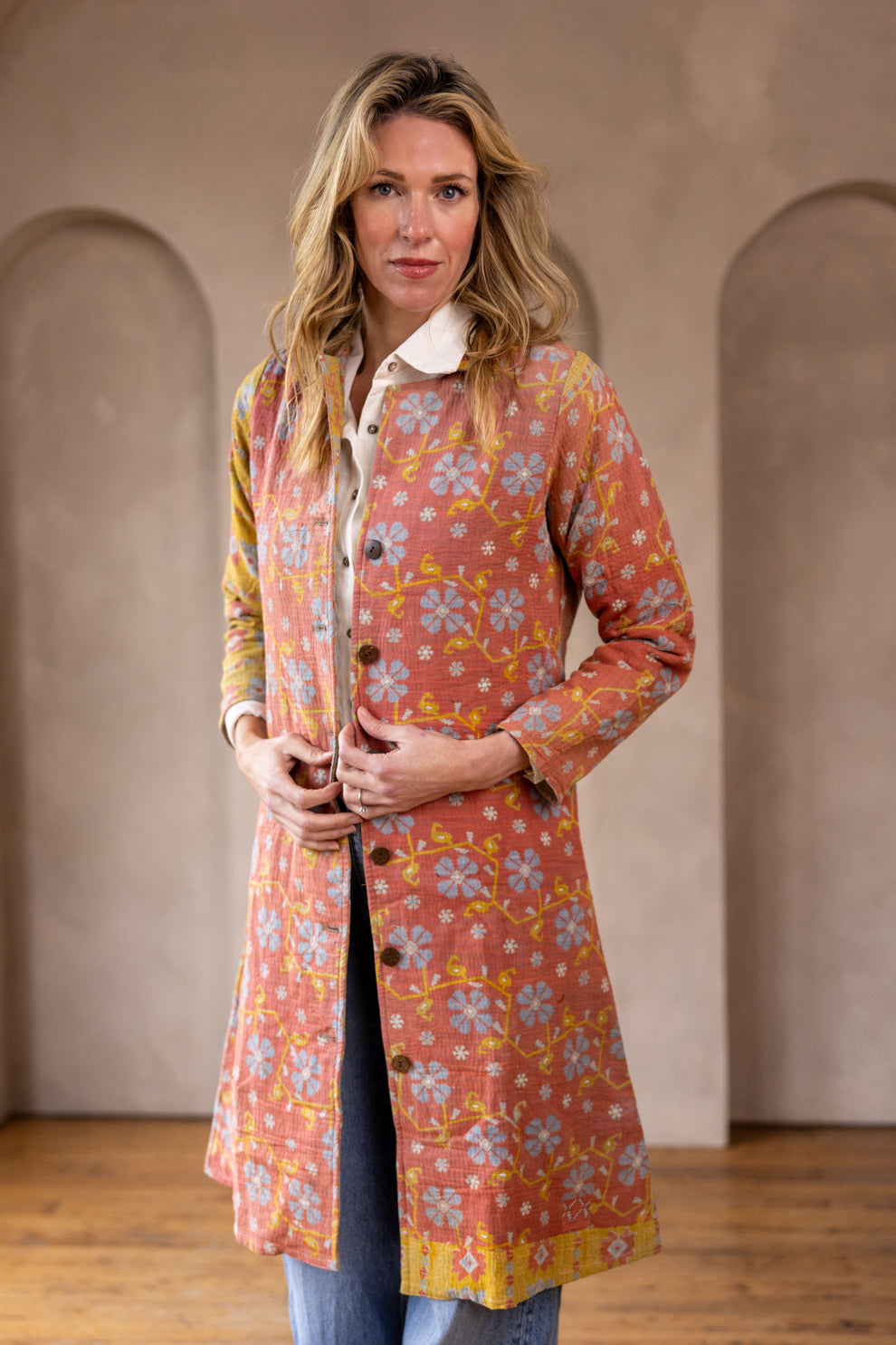 Hira Kimono- Vintage Kantha Coat - Yellow & Pink - S