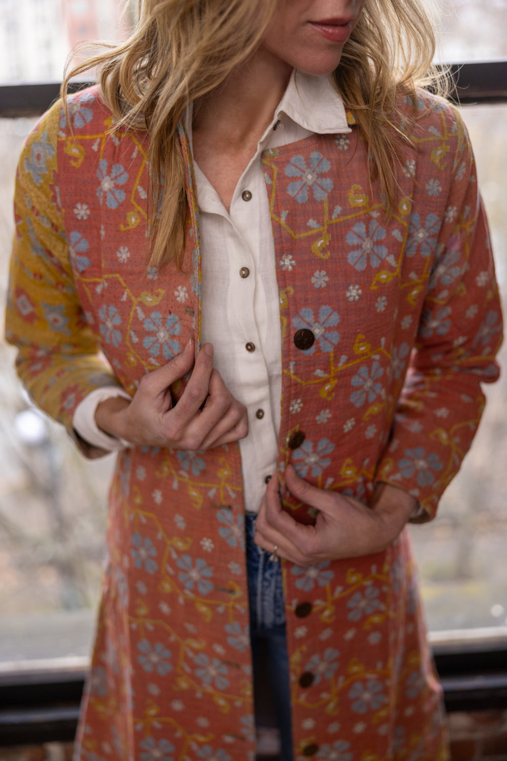 Hira Kimono- Vintage Kantha Coat - Yellow & Pink - S