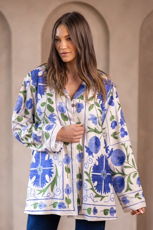 Gul Coat (Short) - Blue & Green on White