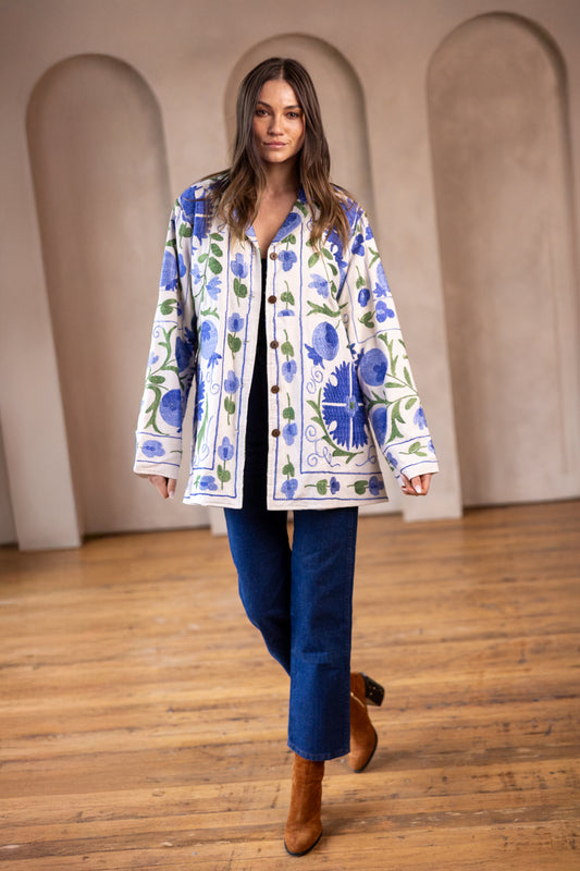 Gul Coat (Short) - Blue & Green on White
