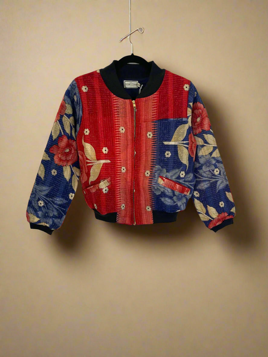 Nadia Bomber Jacket | Vintage Kantha - Navy Red Floral (S)