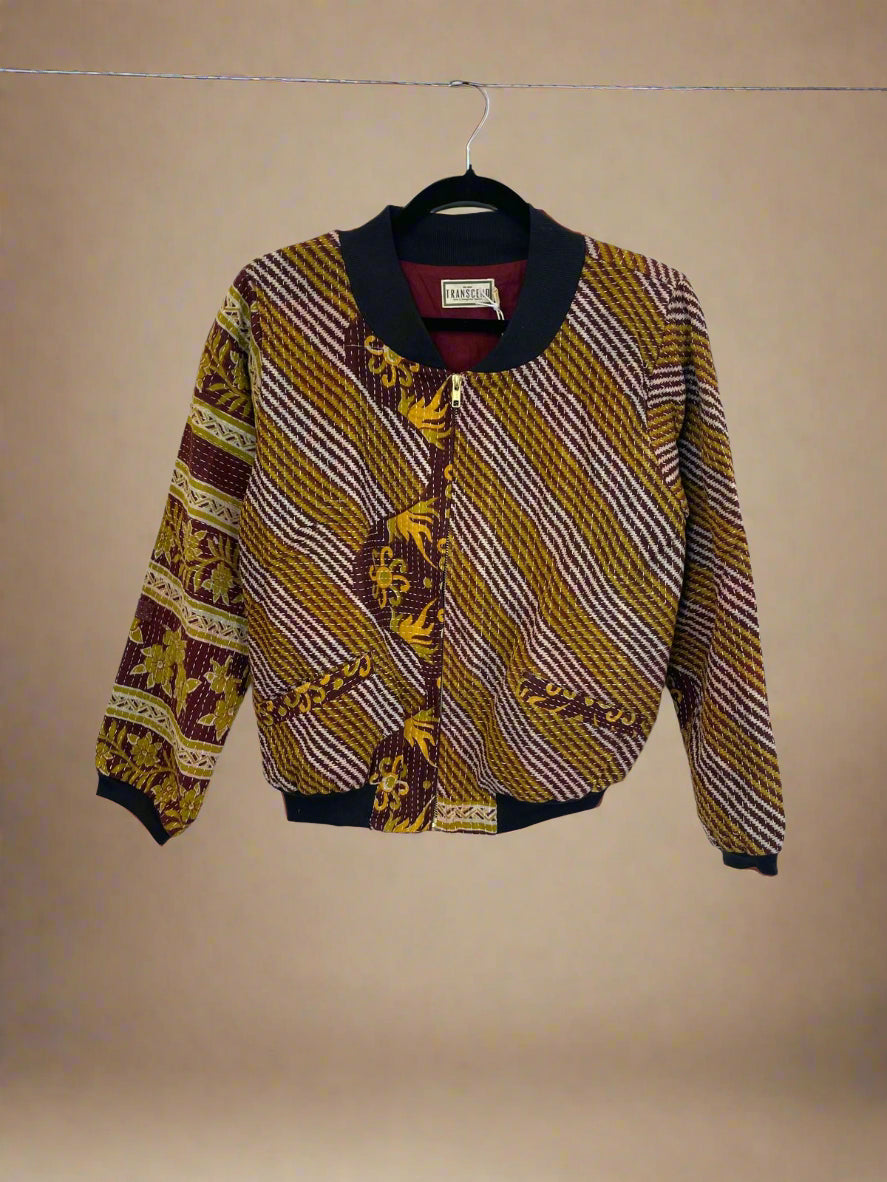 Nadia Bomber Jacket | Vintage Kantha - Brown Stripes (M)