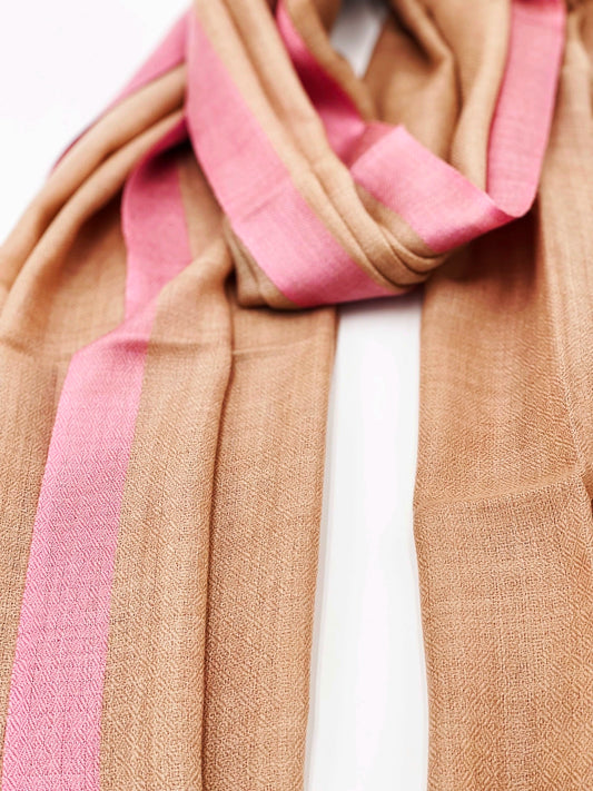 Cashmere Scarf - Beige with Pink Border