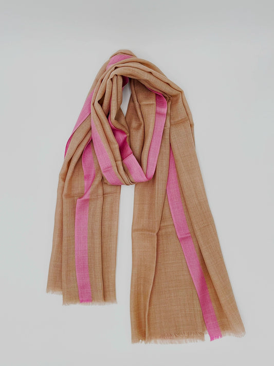 Cashmere Scarf - Beige with Pink Border