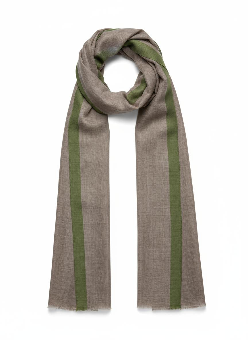 Cashmere Scarf - Beige with Green Border