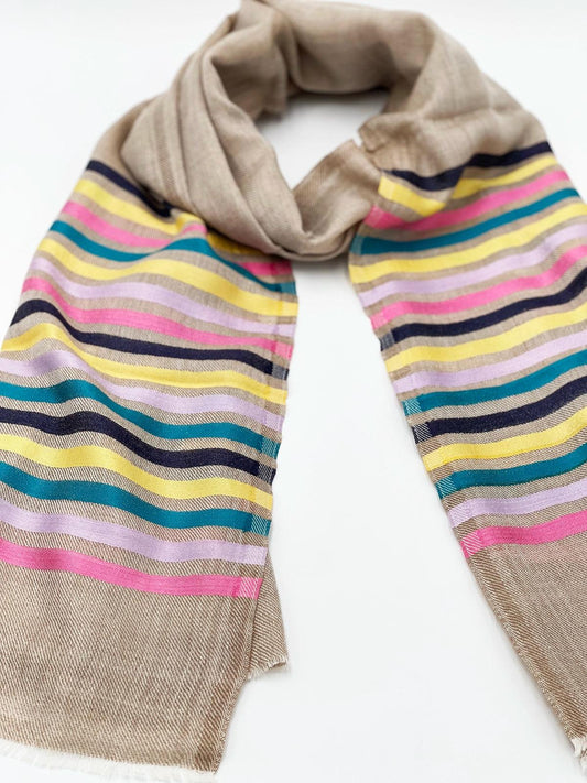 Cashmere Scarf - BEIGE WITH RAINBOW STRIPES - Transcend