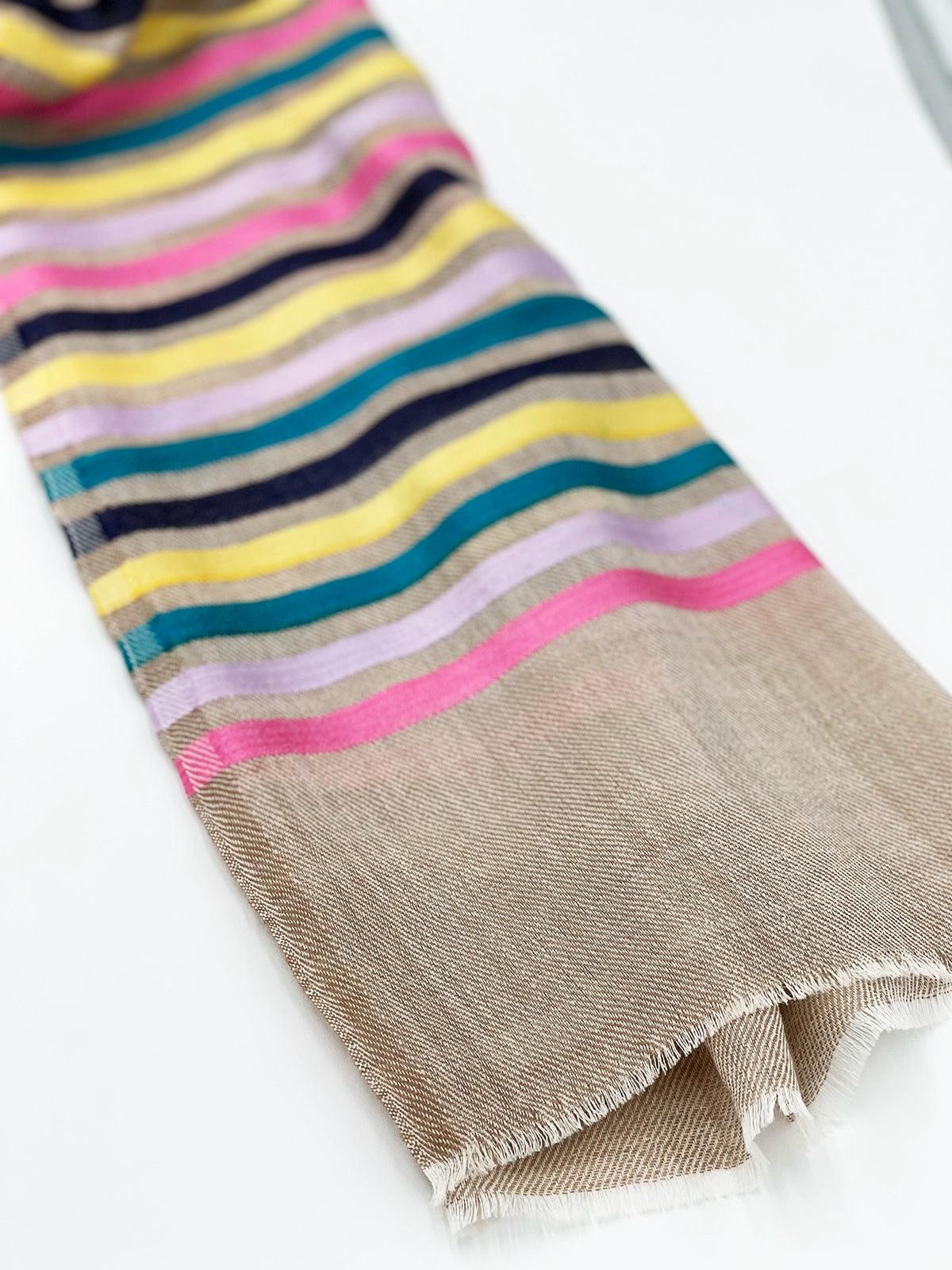Cashmere Scarf - BEIGE WITH RAINBOW STRIPES - Transcend