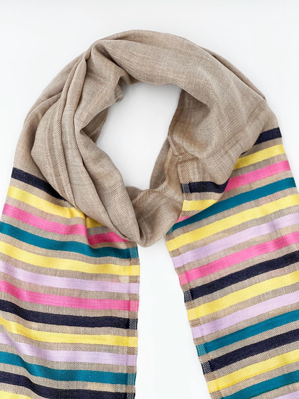 Cashmere Scarf - BEIGE WITH RAINBOW STRIPES - Transcend