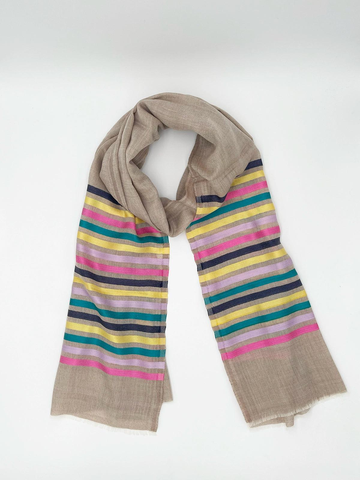 Cashmere Scarf - BEIGE WITH RAINBOW STRIPES - Transcend