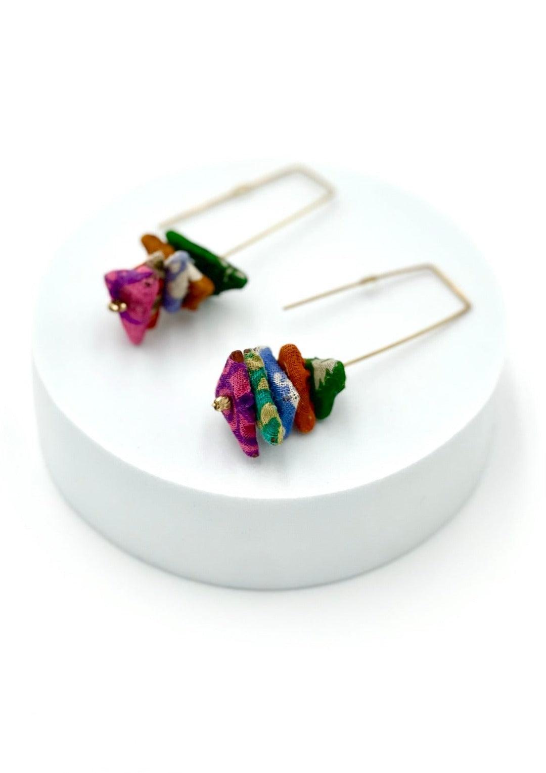 Fair Trade Stacked Triangle Earrings with Upcycled Cotton Fabric - Transcend