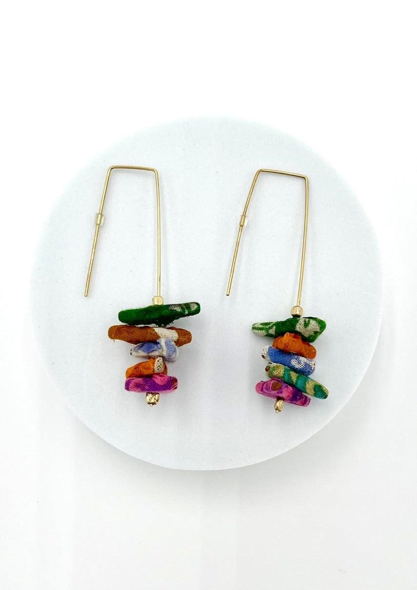 Fair Trade Stacked Triangle Earrings with Upcycled Cotton Fabric - Transcend