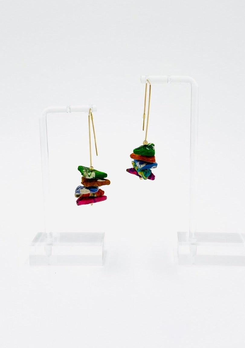 Fair Trade Stacked Triangle Earrings with Upcycled Cotton Fabric - Transcend
