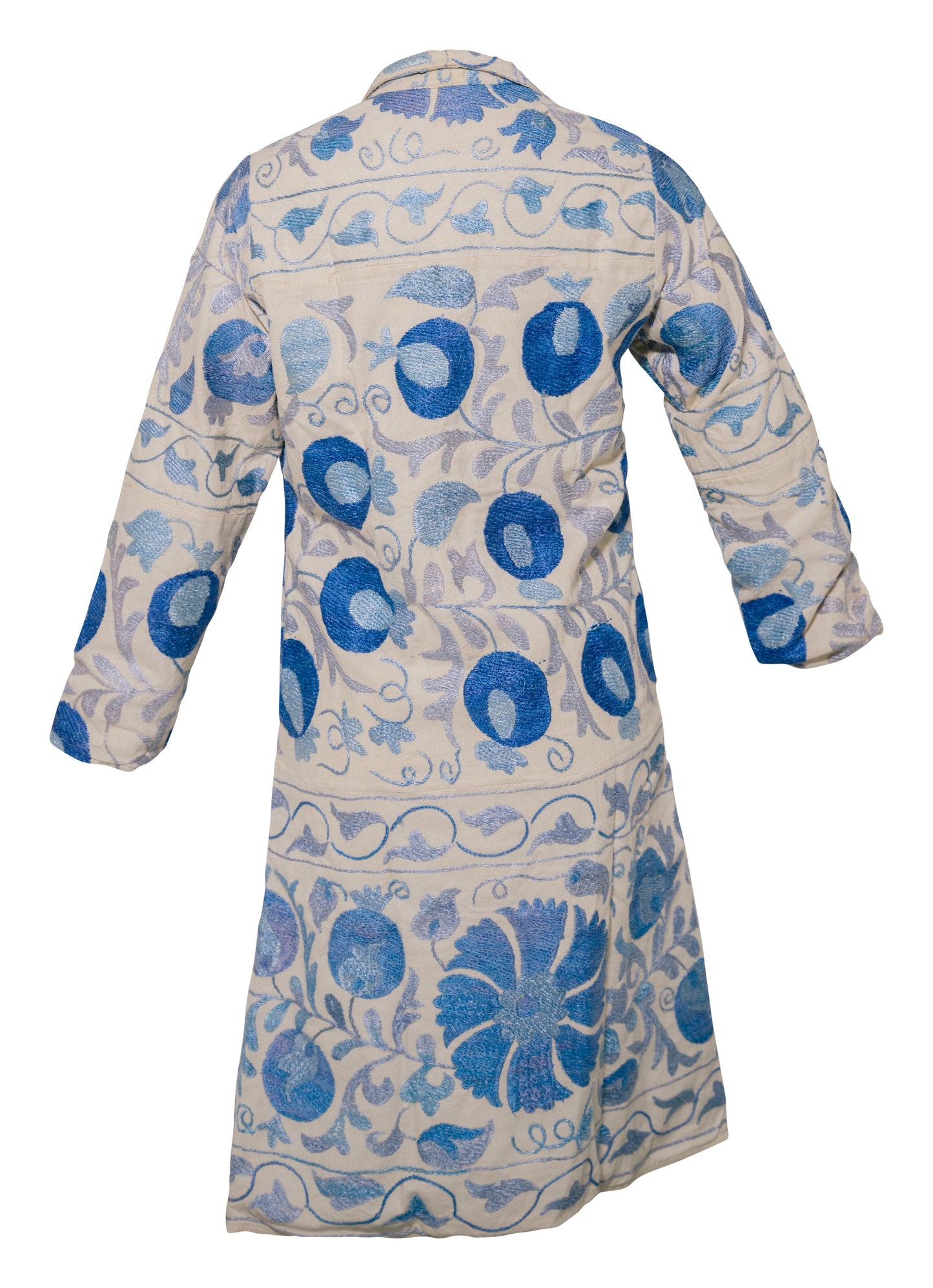 GUL COAT - Suzani Embroidered From Uzbekistan - BLUE ON WHITE - SMALL - Transcend