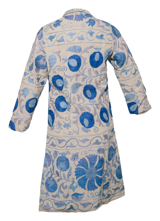 GUL COAT - Suzani Embroidered From Uzbekistan - BLUE ON WHITE - SMALL - Transcend