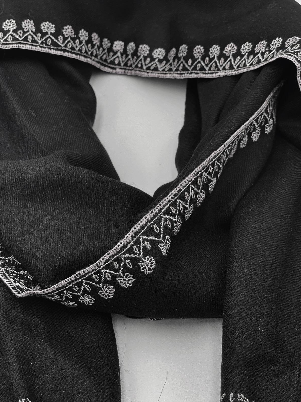 Handwoven 100% Pashmina - BLACK WITH PASTEL EMBROIDERY - Transcend