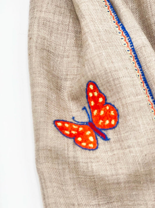 Handwoven 100% Pashmina - BROWN WITH BUTTERFLY EMBROIDERY - Transcend