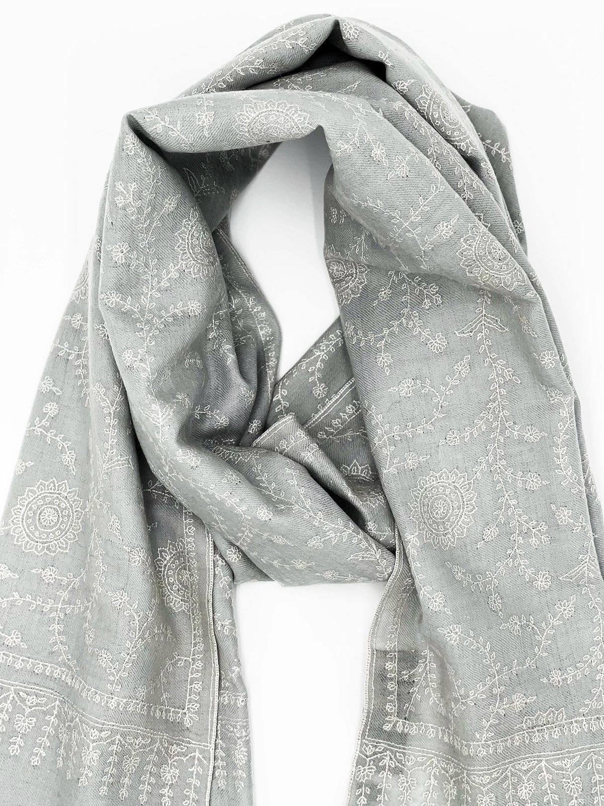 Handwoven 100% Pashmina - GRAY WITH WHITE EMBROIDERY - Transcend