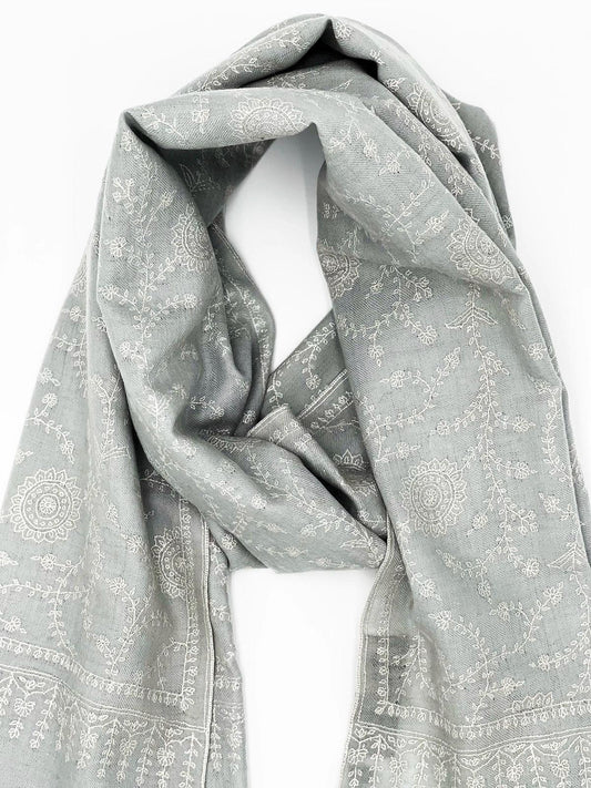 Handwoven 100% Pashmina - GRAY WITH WHITE EMBROIDERY - Transcend