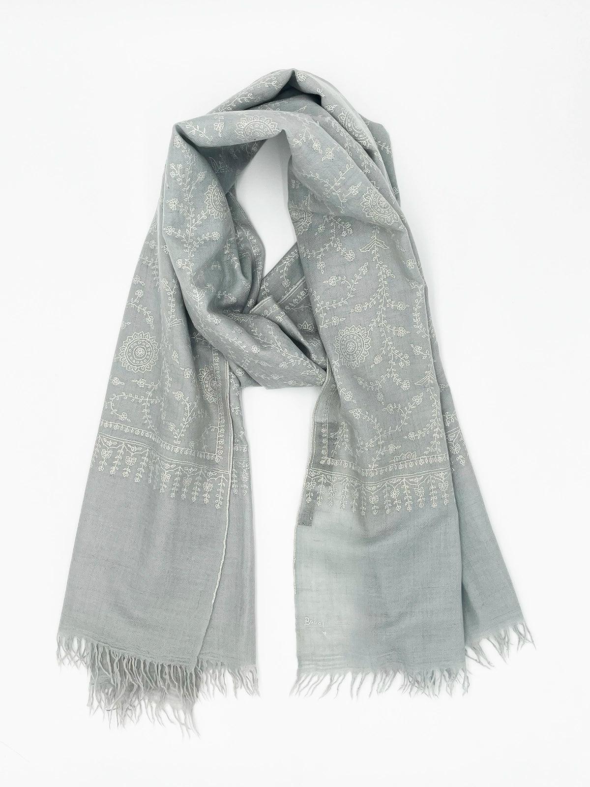 Handwoven 100% Pashmina - GRAY WITH WHITE EMBROIDERY - Transcend