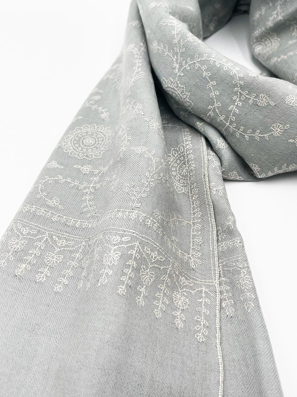 Handwoven 100% Pashmina - GRAY WITH WHITE EMBROIDERY - Transcend