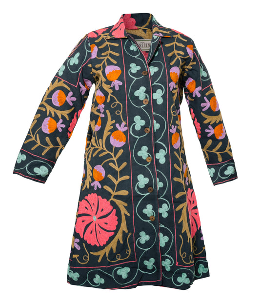 MALIKA COAT - Suzani Embroidery PINK & GREEN - Transcend