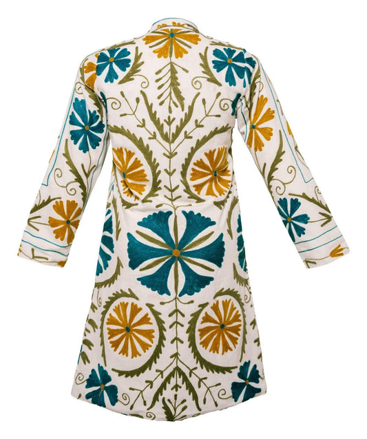 MALIKA COAT - Suzani Embroidery WHITE WITH MULTI COLOR EMB - MEDIUM - Transcend