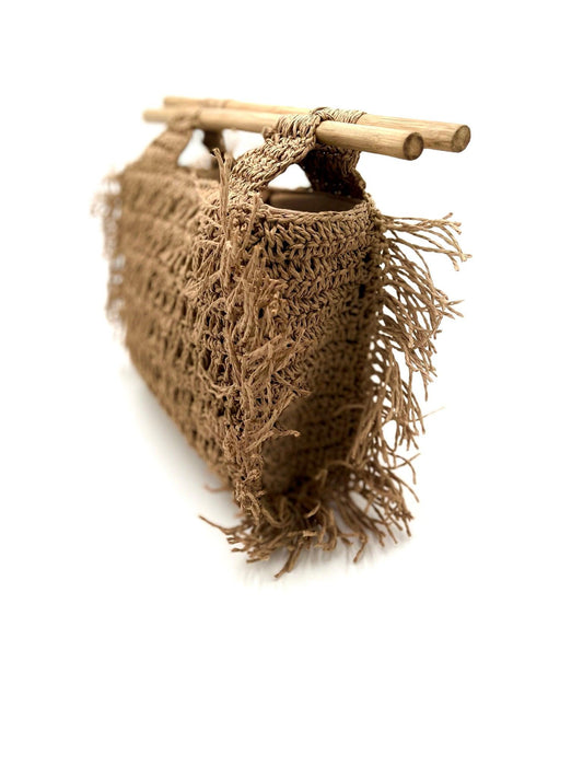 NISA | Handwoven Rectangular Raffia Hand Bag with Wooden Handles - Transcend