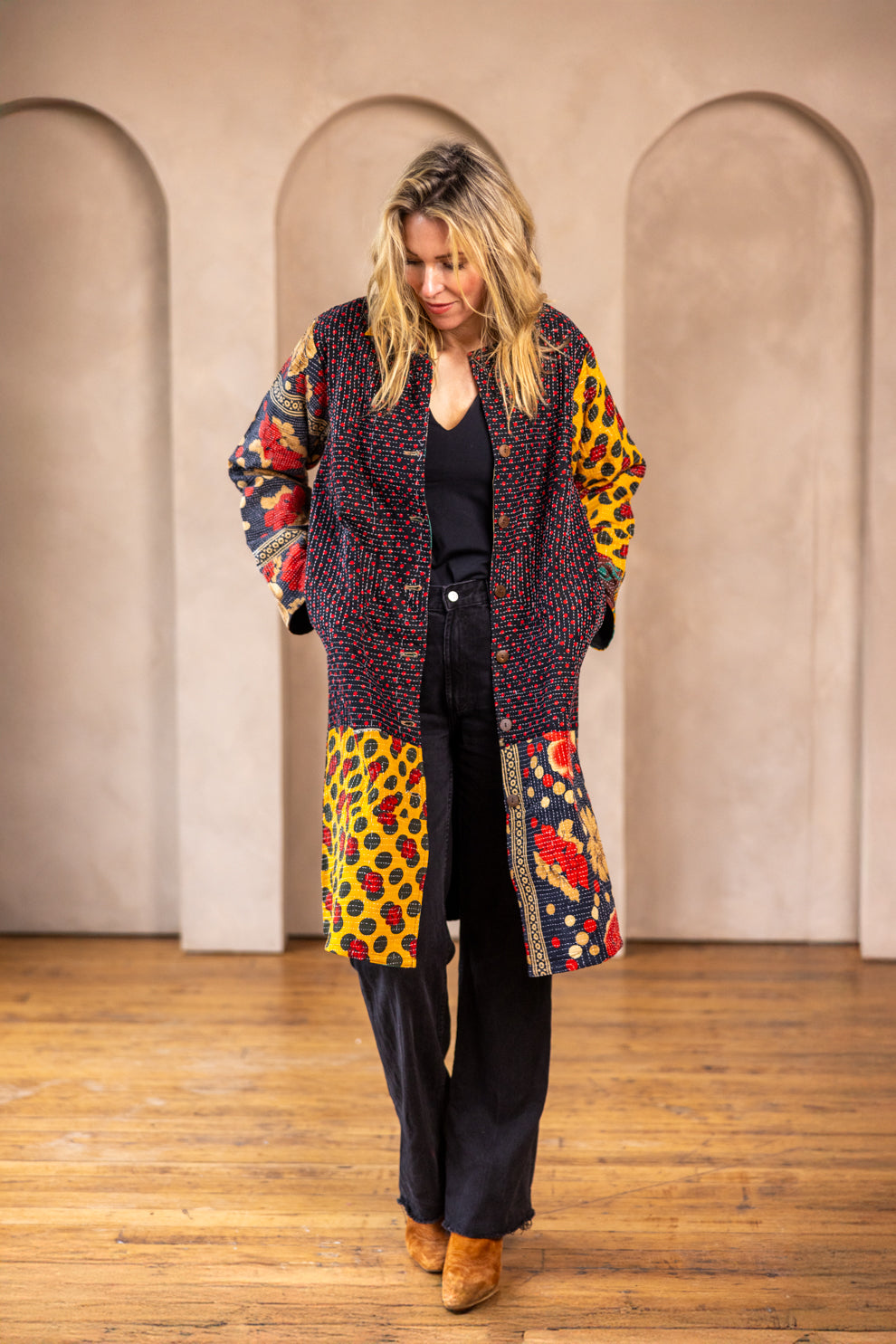Hira Kimono- Vintage Kantha Coat - Yellow & Red - XL