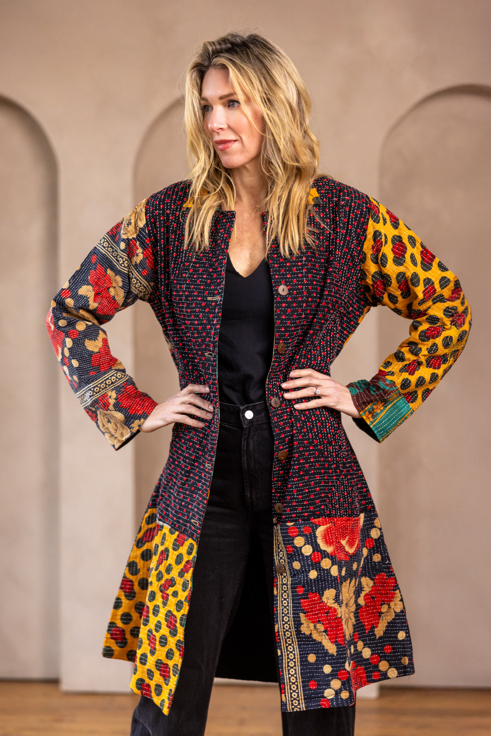 Hira Kimono- Vintage Kantha Coat - Yellow & Red - XL