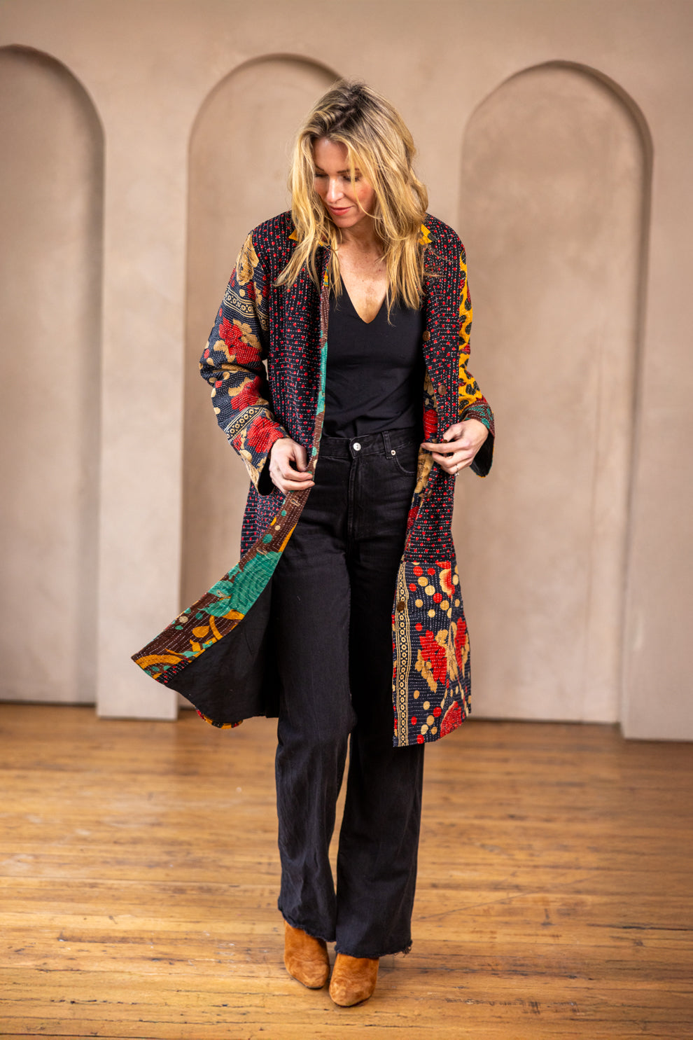 Hira Kimono- Vintage Kantha Coat - Yellow & Red - XL
