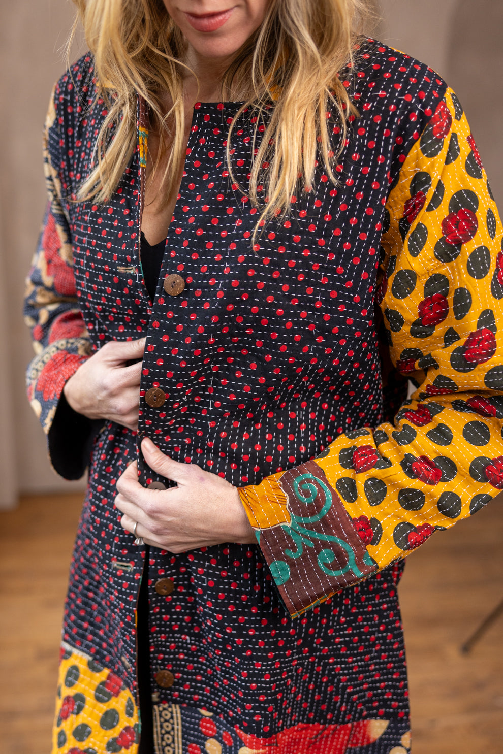Hira Kimono- Vintage Kantha Coat - Yellow & Red - XL