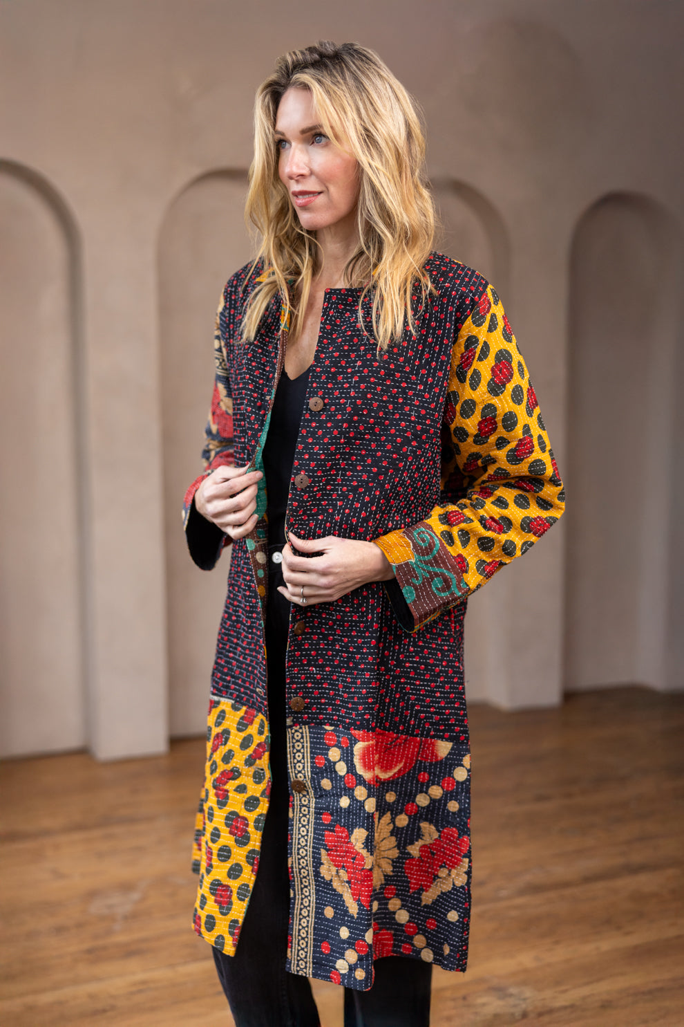 Hira Kimono- Vintage Kantha Coat - Yellow & Red - XL