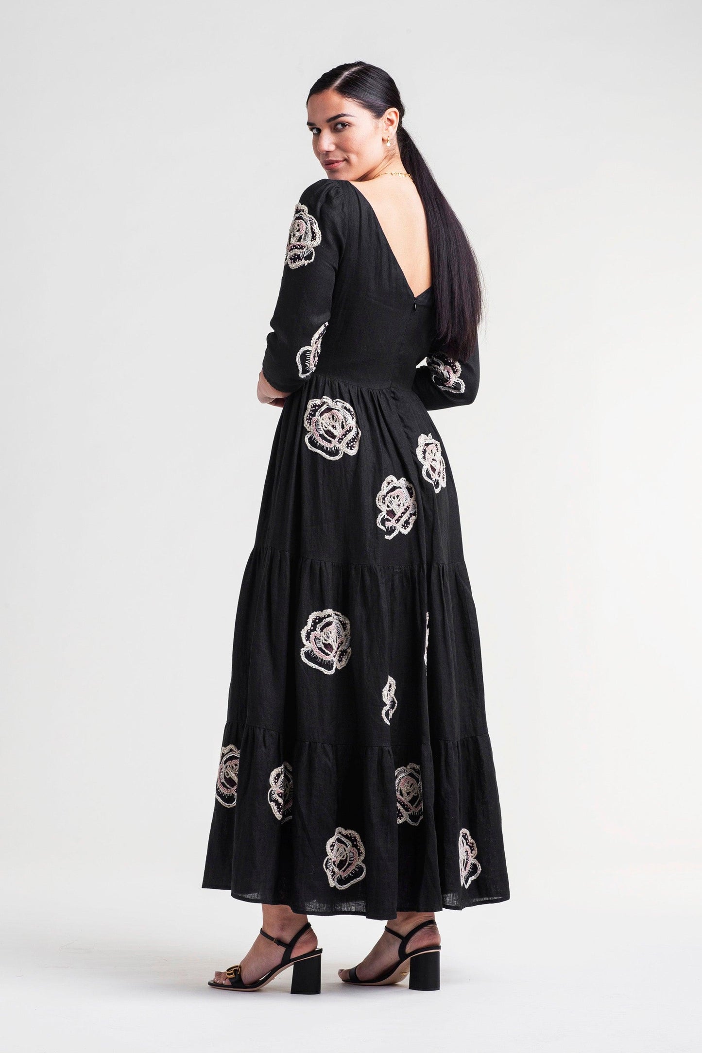 Tiered Maxi Dress with Rose Embroidery - Transcend