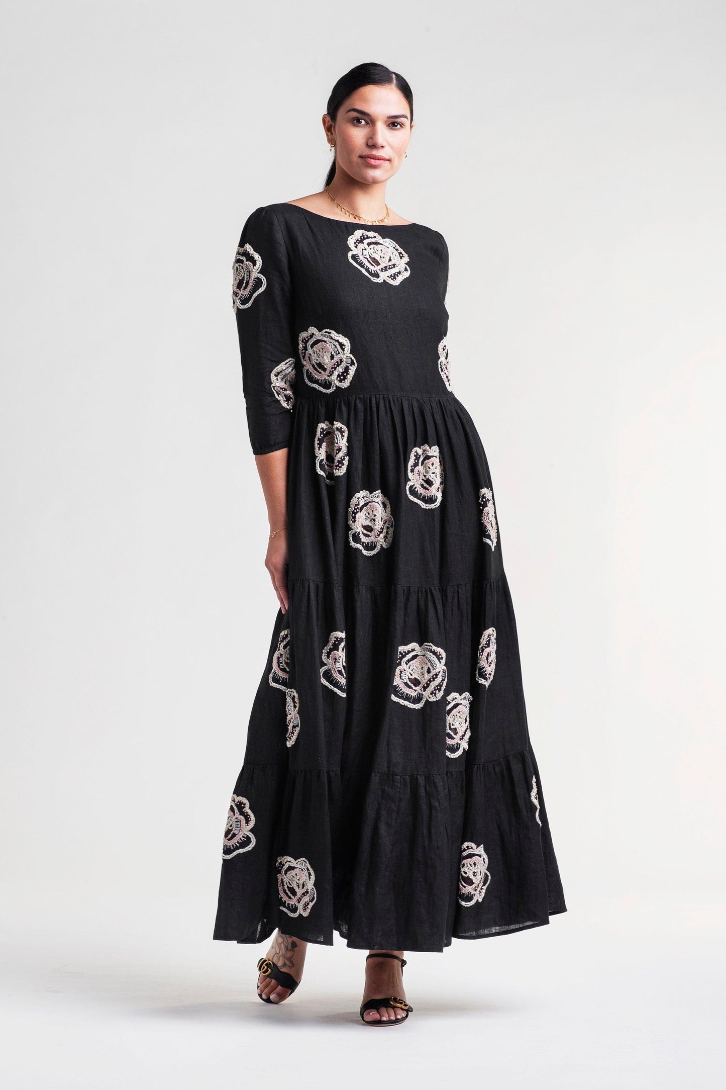 Tiered Maxi Dress with Rose Embroidery - Transcend