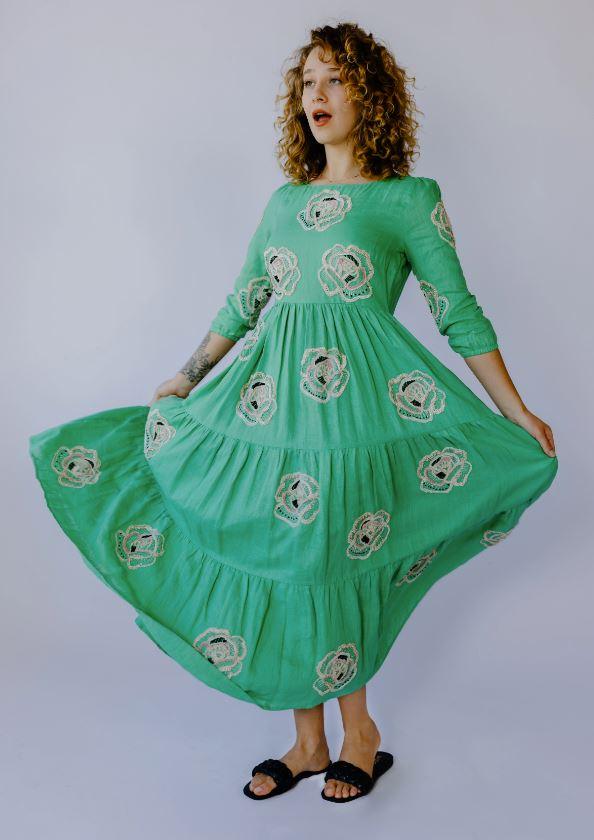 Tiered Maxi Dress with Rose Embroidery - Transcend
