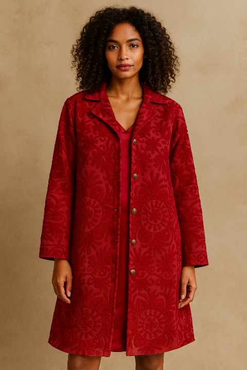 Shilpa wearing Transcend's Nadia bomber jacket made with vintage kantha fabric