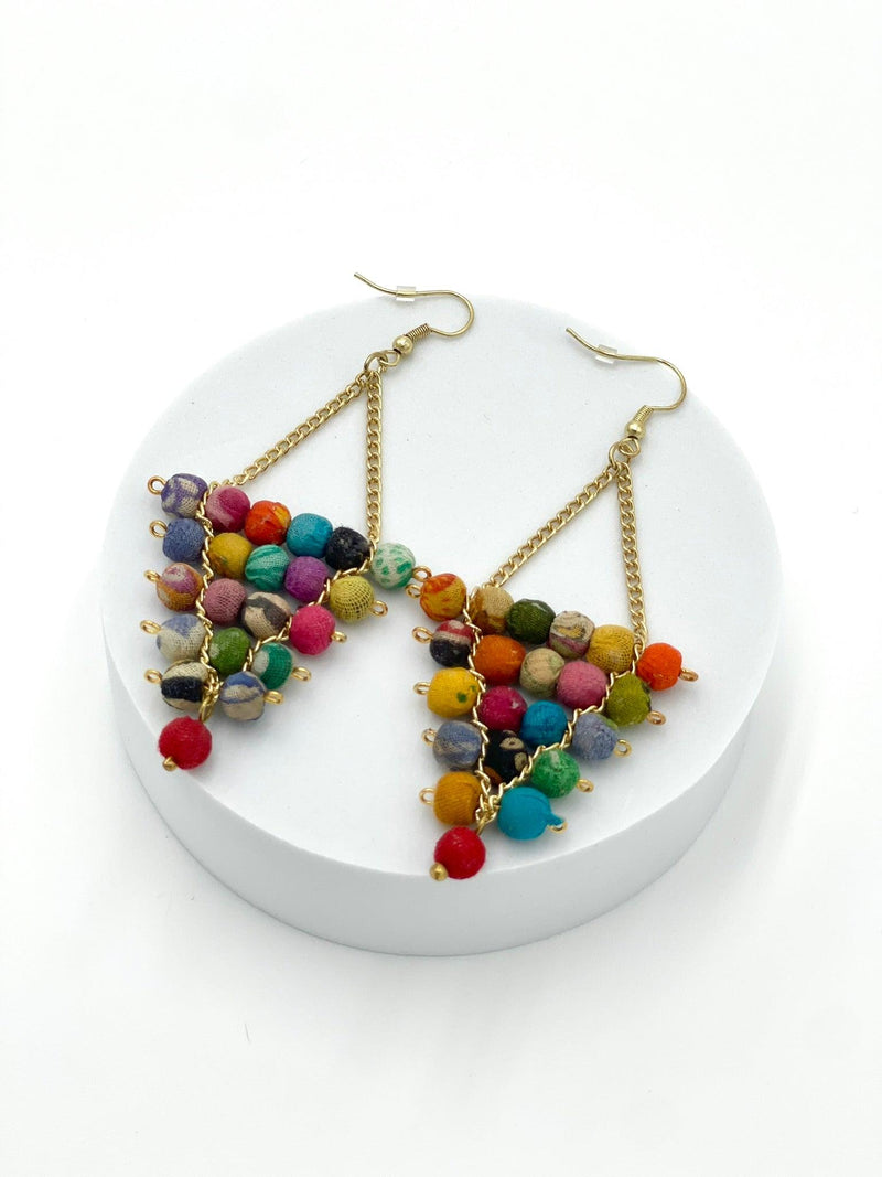 Grape earrings handcrafted by female artisans in India. Made using upcycled cotton fabric 