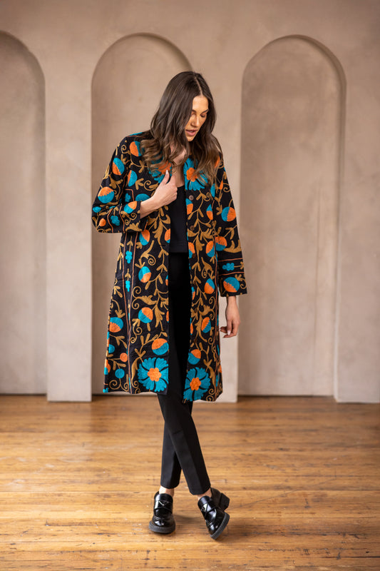 MALIKA COAT - Suzani Embroidery Black With Teal