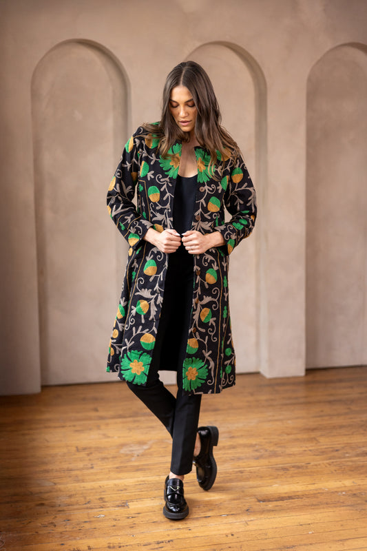 MALIKA COAT - Suzani Embroidery Black With Green