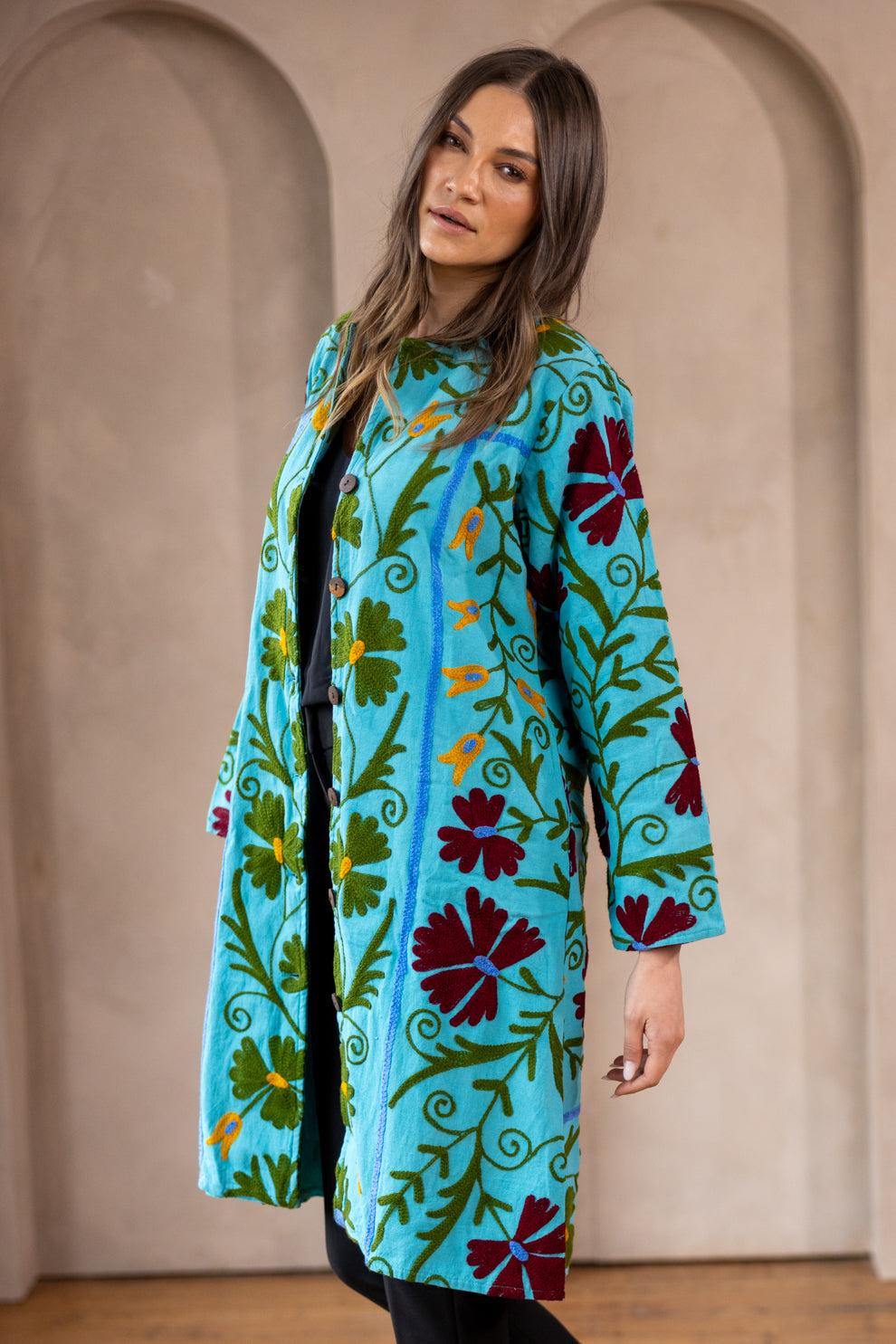 MALIKA COAT - Suzani Embroidery Turquoise Blue With Green Embroidery